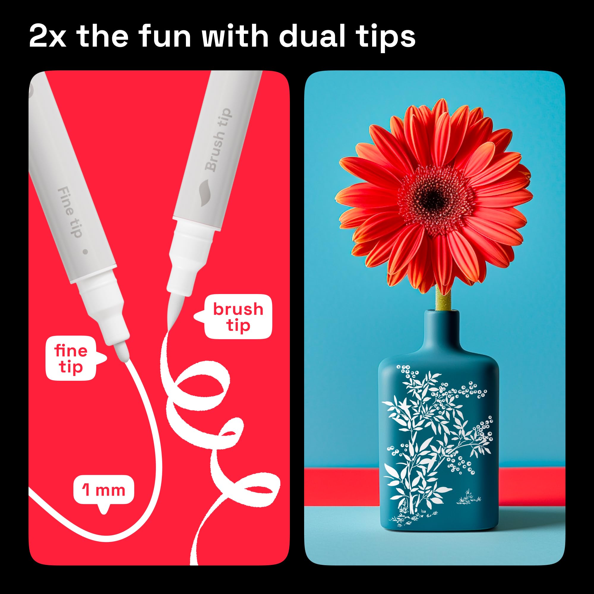 ARTISTRO 2 White Dual-Tip Acrylic Paint Pens - Multisurface Markers for Glass, Rock, Fabric, Wood, Plastic & More - 1 mm Fine & Brush Tips