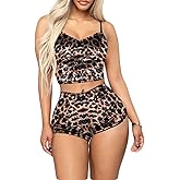 RUEWEY Women Sexy Strappy Babydoll Lingerie Satin Pajama Set Camisole with Shorts 2 Piece Sleepwear