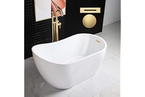 WOODBRIDGE 54" Acrylic Freestanding Bathtub Contemporary Soaking White Tub with Brushed Gold Overflow and Drain，B0006 -BG-Drain &O