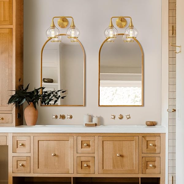 HAHZT GOLD BATHROOM LIGHT FIXTURES 2-LIGHTS VANITY LIGHTS WITH CLEAR GLASS SHADE BATHROOM VANITY LIGHT 14 INCH WALL SCONCES(EXCLUDE E26 BULB)…