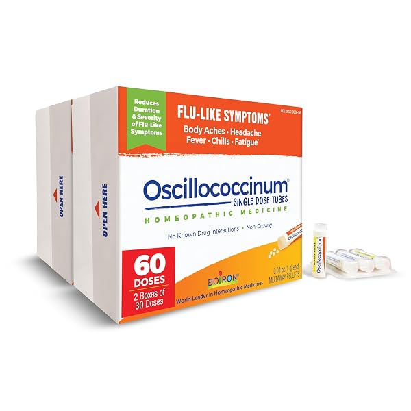 BOIRON OSCILLOCOCCINUM FOR RELIEF FROM FLU-LIKE SYMPTOMS OF BODY ACHES, HEADACHE, FEVER, CHILLS, AND FATIGUE – 60 COUNT (2 PACK OF 30)