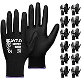 KAYGO Safety Work Gloves PU Coated,12 Pairs KG11PB Seamless Knit Glove for Men and Women, with Smooth Grip on Palm and Fingers, Ideal for General Duty Work (X-Small, Black)