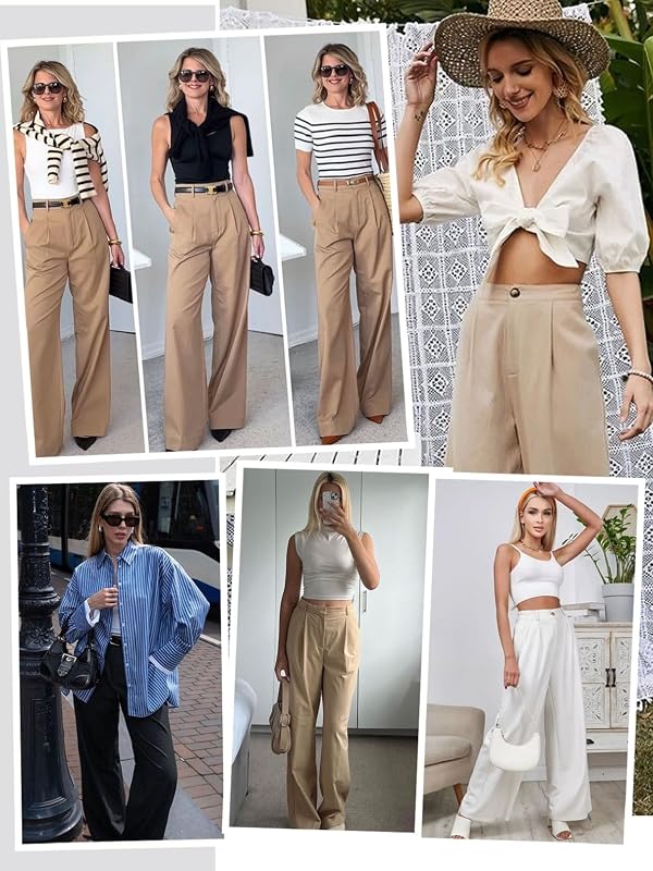 Pantaloni da Donna a Vita Alta Casual con Tasche Gamba Larga Lunghi Eleganti da Ufficio, Gamba Dritta Comodi Leggeri Business