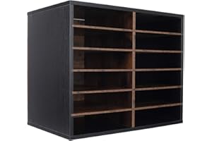 TQVAI Wood Adjustable Literature Organizer Desktop File Sorter Mail Center Paper Storage Cabinet Home & Office Mailbox School Classroom Keepers, 12 Slots Compartments, Black/Archaize