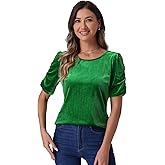 Allegra K Velvet Top for Women's Round Neck Puff Short Sleeve Party Clubwear Blouse