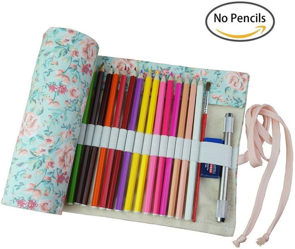 Kanggest New Floral Canvas Pencil Case Pouch 36/48/72 Holes Canvas Wrap Roll Up Pencil Bag Pen Case Holder Artist Adult Coloring Pencils Storage Case 48 Holes(Pencils are not included)