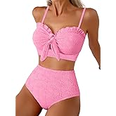 Herseas Women's Seashell Textured Bikini Sets Knotted Front 2 Piece Swimsuits Ruffle Trim Bathing Suits