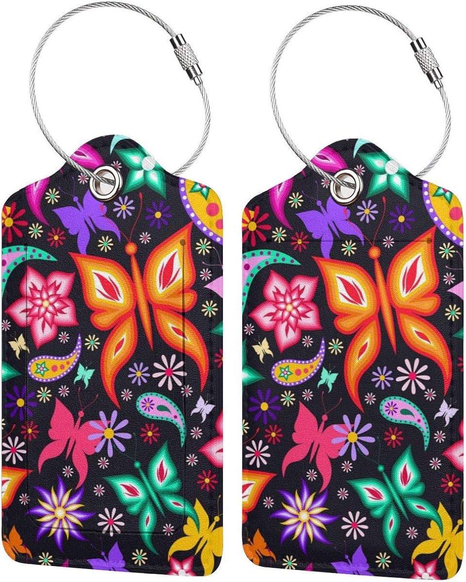  | Butterfly Luggage Tags 2 Piece of Sets Cute PU Leather Suitcase Labels Baggage Bag Label with Stainless Steel Loop Travel ID Handbag Tag Travel Accessories for Women Men Kids Teen Girls | Luggage Tags