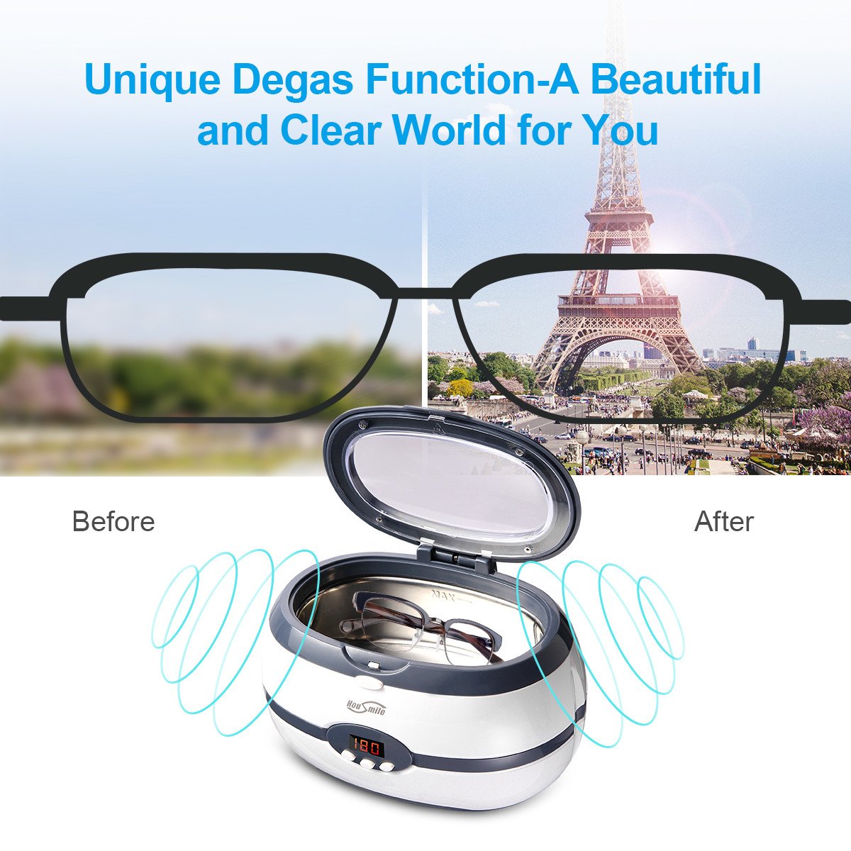 Housmile Ultrasonic Jewelry Cleaner, Glasses Cleaner, Denture Cleaner with Digital Timer and Degas Anti-Oxidation Function for Watch, Glasses, Jewelry