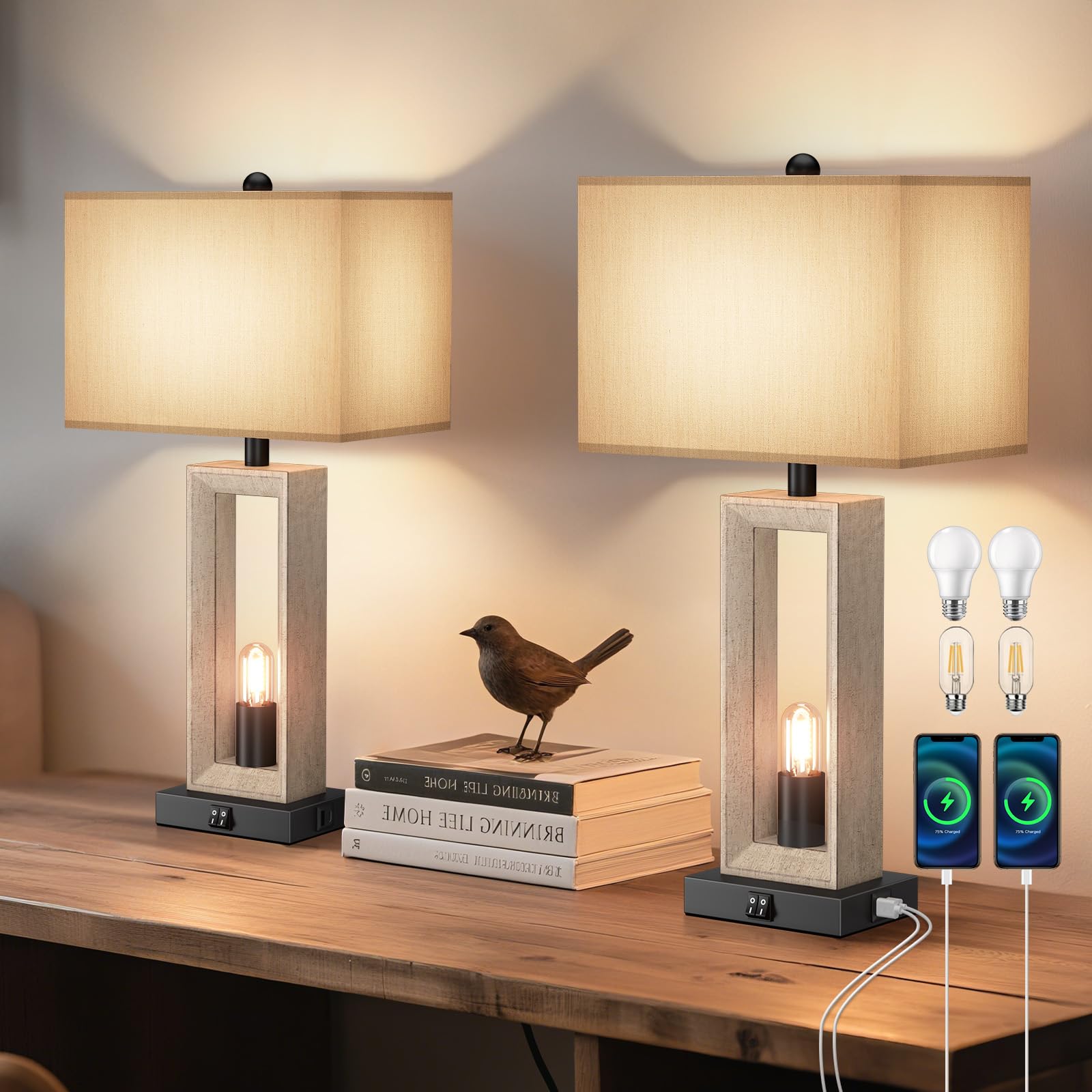 Photo 1 of Table Lamps for Living Room Set of 2,Modern Farmhouse Decor Lamps with USB A+C Port & Nightlight,25" Rustic 3-Way Dimmable Bedside Lamps,Oat Shade Touch Nightstand Lamp for Bedroom,4 LED Bulbs