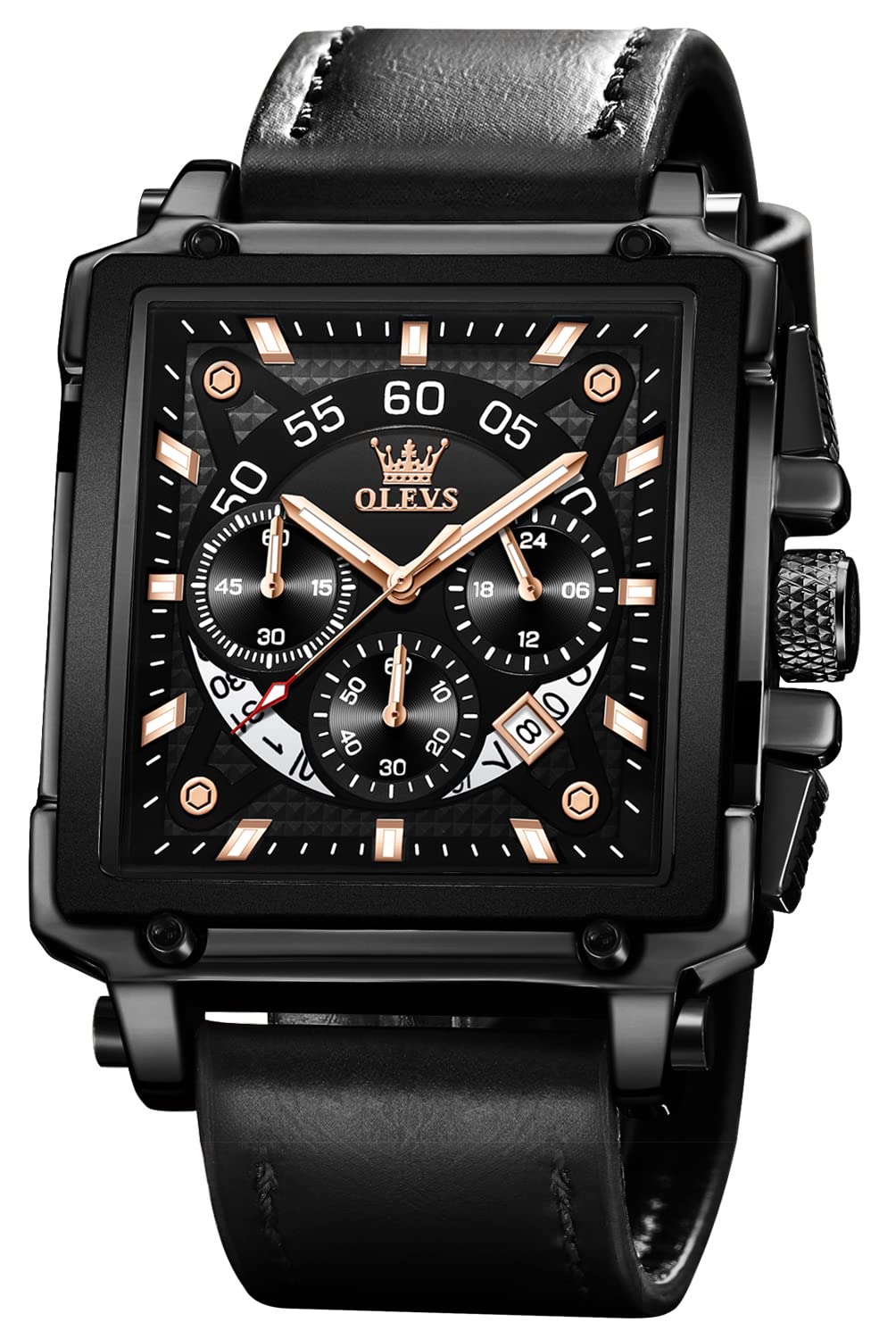 Photo 1 of OLEVS Square Watches for Men Black Leather Chronograph Fashion Business Watch Luminous Waterproof Casual Wrist Watches