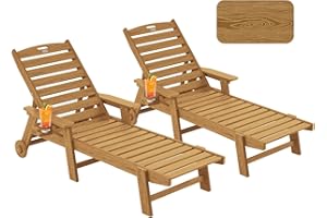 Serique Chaise Lounge Chair Outdoor with Wheels, Oversize Patio Lounge Chairs with Wood Texture, 5-Position Plastic Lounge Chairs Set of 2-Teak(Separate Delivery)