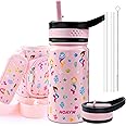 HQAYW Kids Water Bottle with Strap, Water Bottles for Girls, Insulated Metal Water Bottle with Straw Lids, Leak Proof Water Bottles for Kids Stainless Steel Water Bottle for Travel, 14 oz, Mermaid