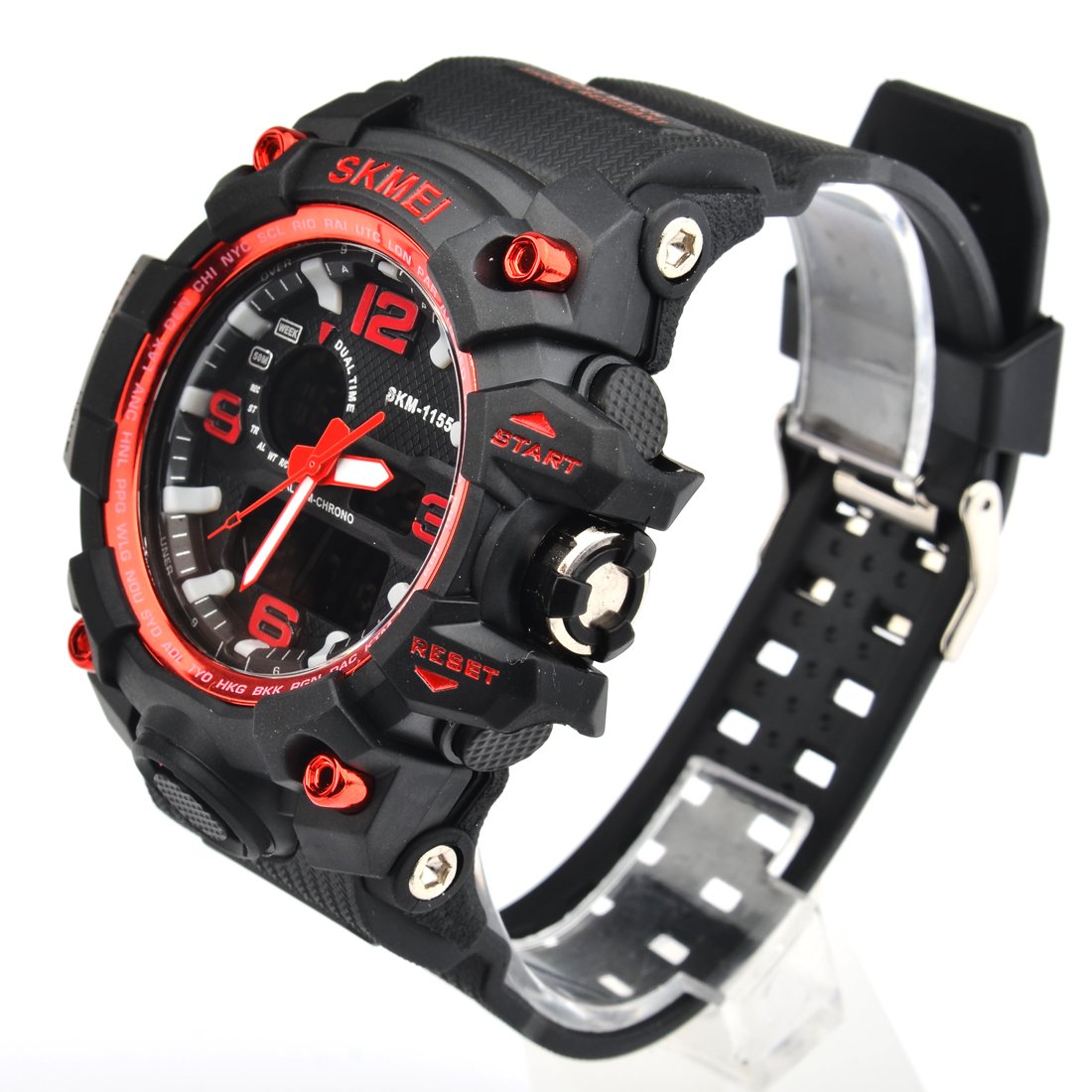 Oumosi - Orologio da polso da uomo, stile militare, con LED, digitale e analogico multifunzione, sportivo Red