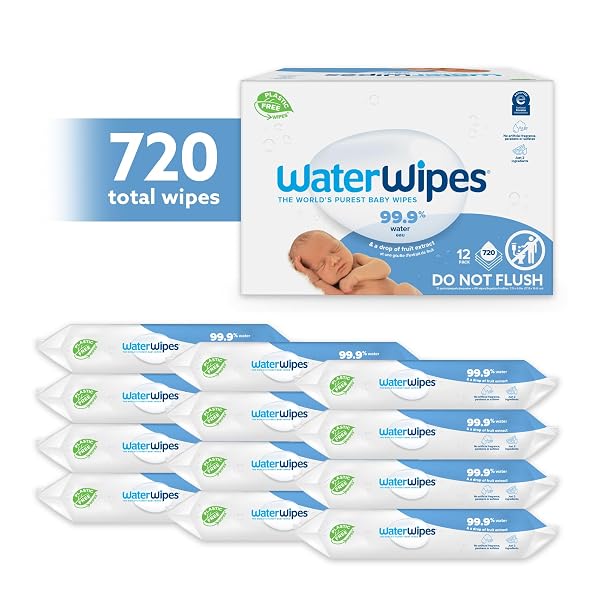 WATERWIPES PLASTIC-FREE ORIGINAL BABY WIPES, 99.9% WATER BASED WIPES, UNSCENTED & HYPOALLERGENIC FOR SENSITIVE SKIN, 60 COUNT (PACK OF 12), PACKAGING MAY VARY