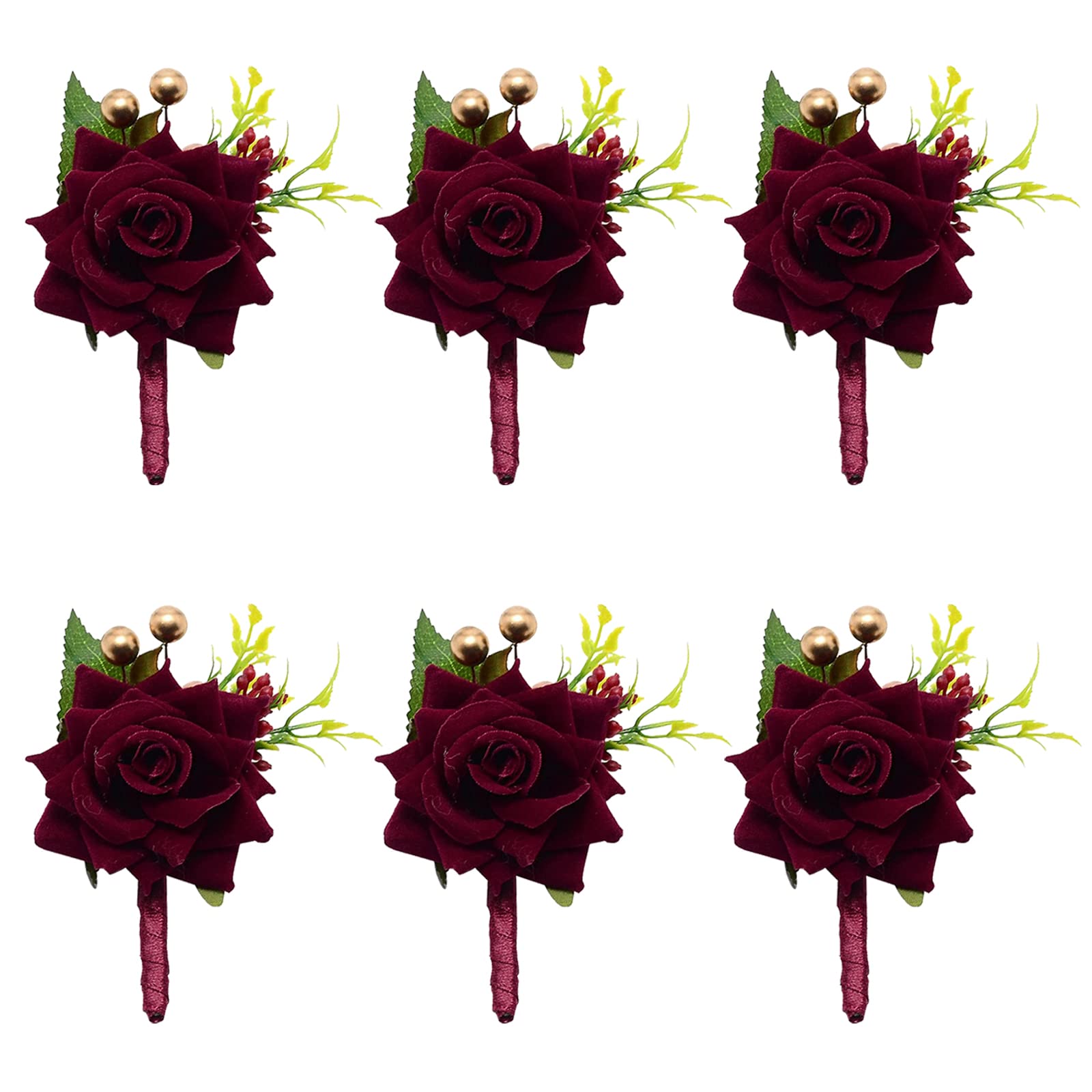 CRASPIRE 6PCS Wedding Boutonniere Wine Red Rose Corsage Buttonhole Flower Groom Groomsman Best Man Wedding Flowers Accessories for Groom Groomsmen Prom