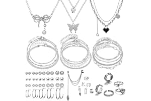 IFNODO 47pcs Gold Jewelry Set With 3 PCS Necklace, 11 PCS Bracelet,20pcs Hoop Stud Earrings,7pcs rings set For Women For Birthday Gifts