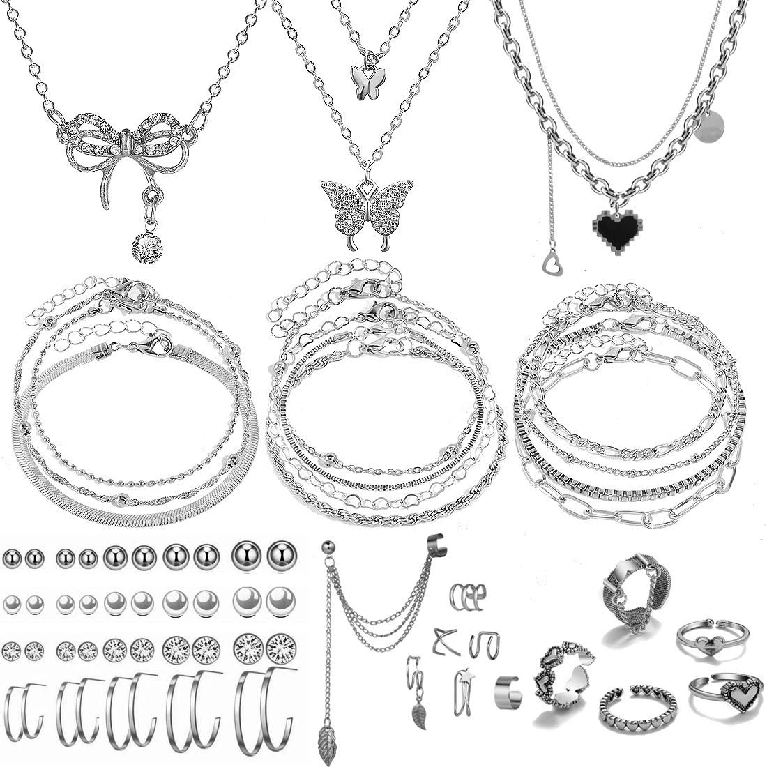 IFNODO 47pcs Gold Jewelry Set With 3 PCS Necklace, 11 PCS Bracelet,20pcs Hoop Stud Earrings,7pcs rings set For Women For Birthday Gifts