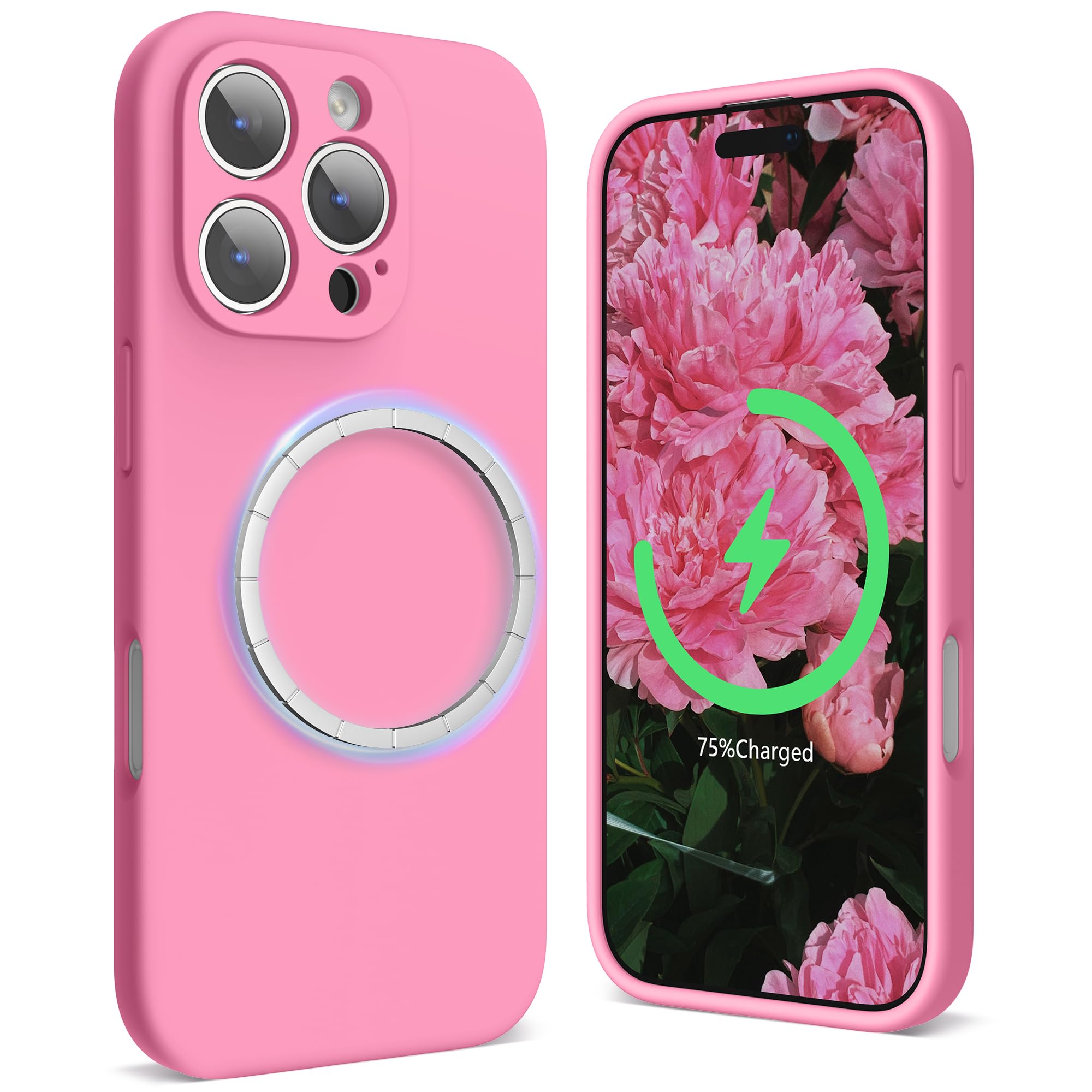 SURPHY Magnetic Design for iPhone 16 Pro Case, Liquid Silicone Protection for Each Lens Shockproof Gel Rubber Phone Case for iPhone 16 Pro 6.3 inch 2024, Pink