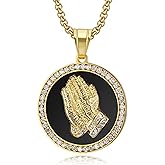 Hip Hop Iced Out Praying Hand Pendant With Mens Chain Gold Color Stainless Steel CZ Charm Round Necklace Jewelry Gift 50cm