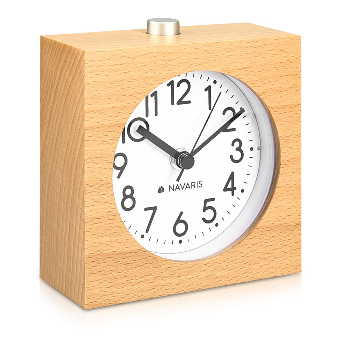 Navaris Analogue Wood Alarm Clock - Retro Table Clock with Square Design Snooze Function and Clock Face Alarm Light - Natural Wood in Light Brown