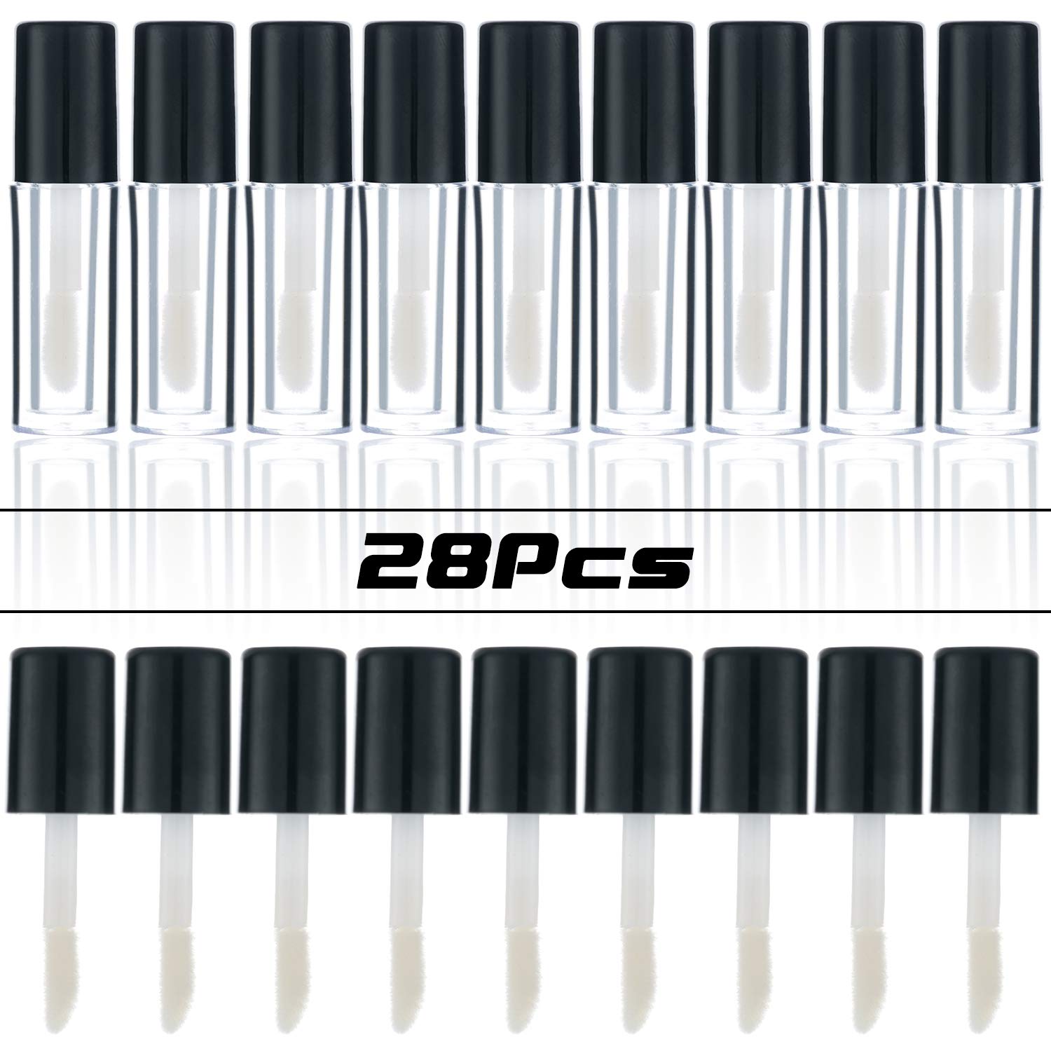 28 Pcs 1.3ML White Empty Lip Gloss Tubes Containers Clear Mini Refillable Lip Balm Bottles with Inserts Brush Tip Applicator Wand for Lip Samples Travel Split Charging DIY Makeup (Black)