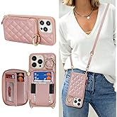 Hamany Crossbody Wallet Case for iPhone 13 Pro Max, PU Leather Zipper Handbag Purse Flip Cover, Kickstand Folio Case with Card Slots Holder Wrist Strap Lanyard 5G 6.7 Inch-Rose Gold