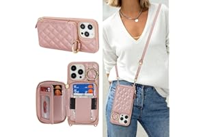 Hamany Crossbody Wallet Case for iPhone 13 Pro Max, PU Leather Zipper Handbag Purse Flip Cover, Kickstand Folio Case with Card Slots Holder Wrist Strap Lanyard 5G 6.7 Inch-Rose Gold