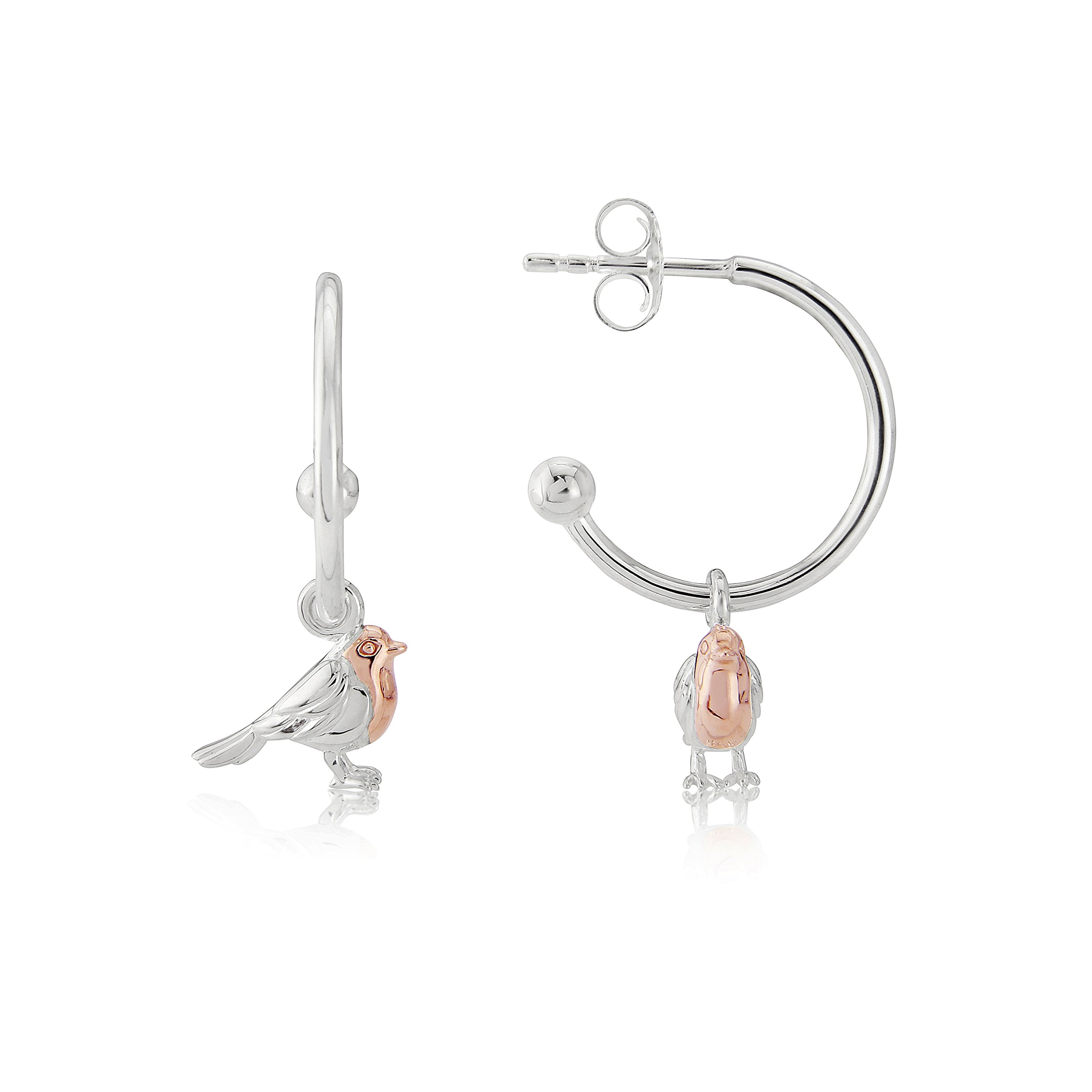 Gemma J Solid 925 Sterling Silver Robin Bird Hoop Earrings with 14ct Rose Gold Breast