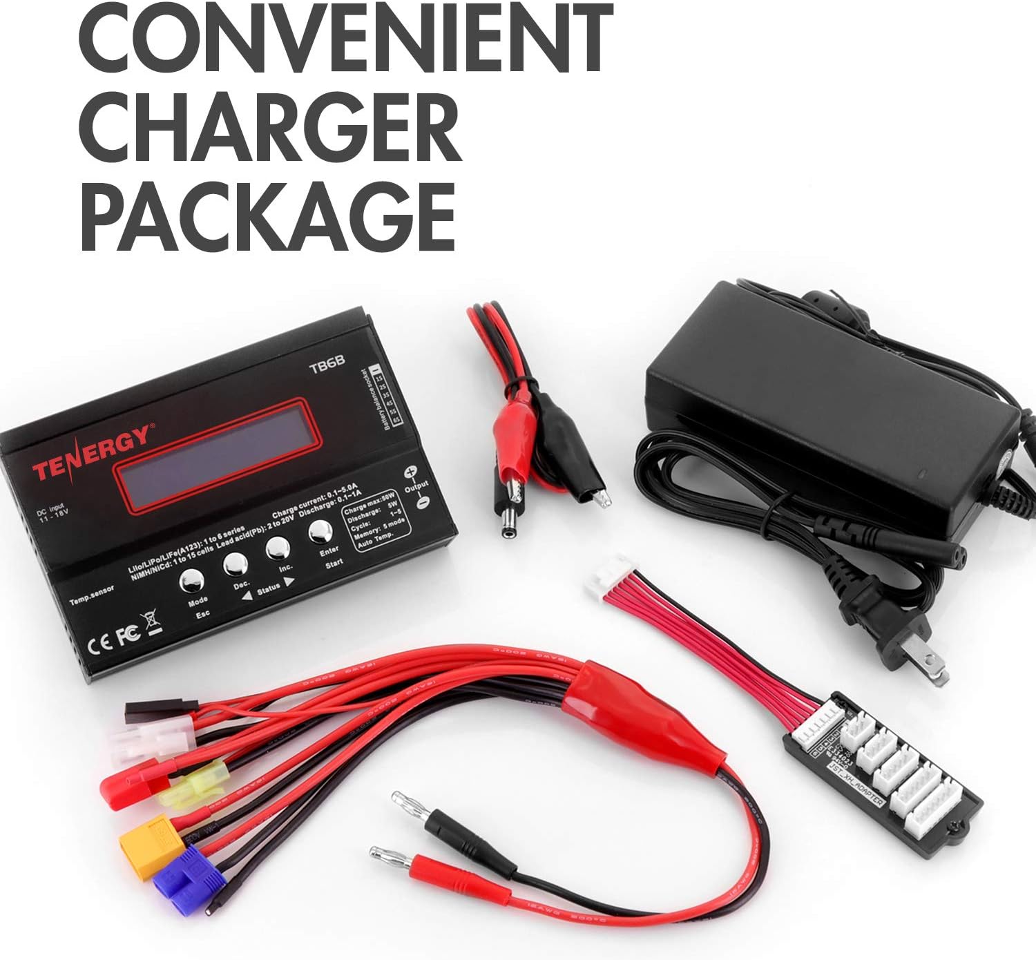 Tenergy TB6-B Balance Charger Discharger 1S-6S Digital Battery Pack Charger for NiMH/NiCD/Li-PO/Li-Fe Packs LCD Hobby Battery Charger w/ Tamiya/JST/EC3/HiTec/Deans Connectors + Power Supply 01435: Toys & Games