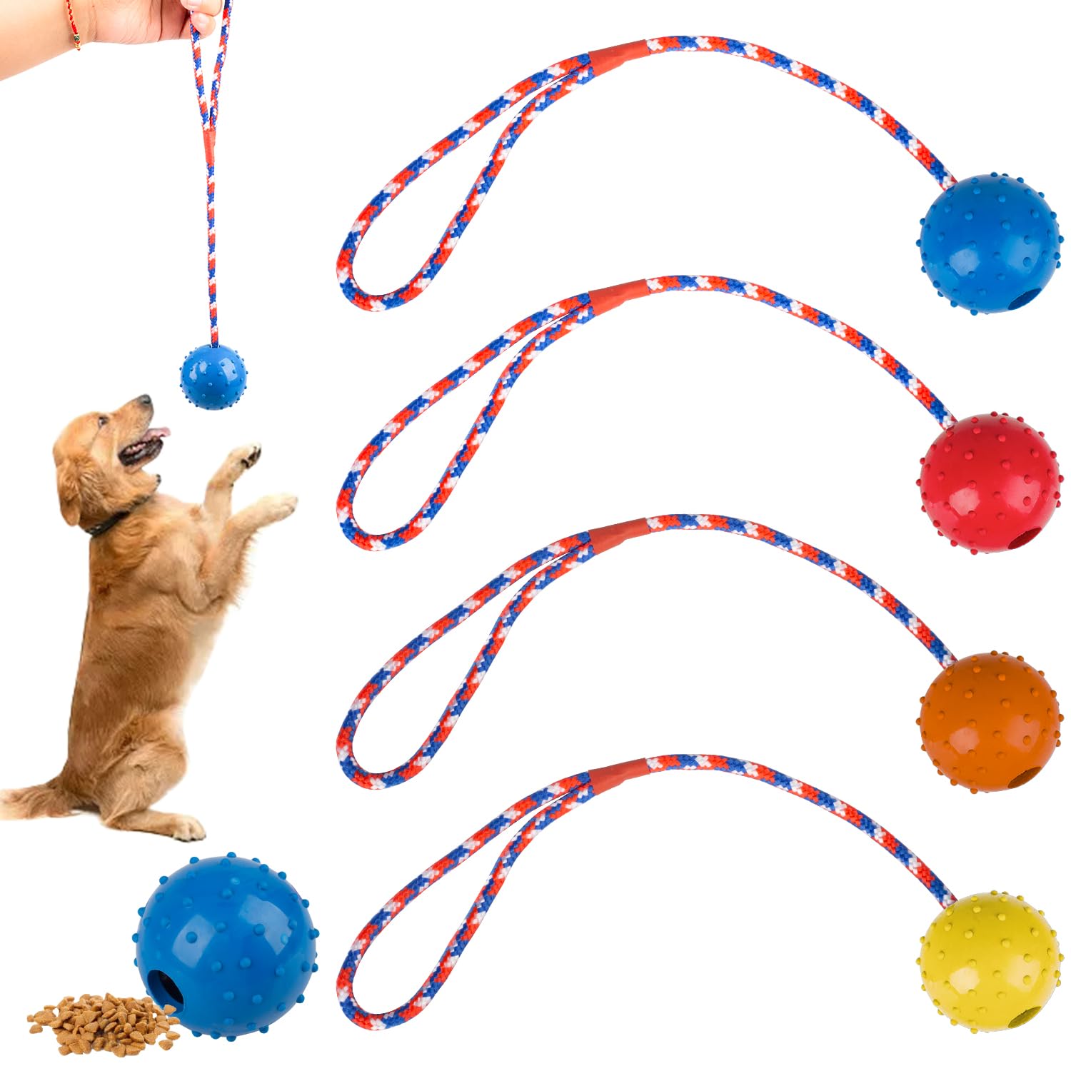 Rdlobu 4Pcs Dog Balls on Rope 5/30cm, Interactive Dog Toy for Retrieving, Catching, Throwing