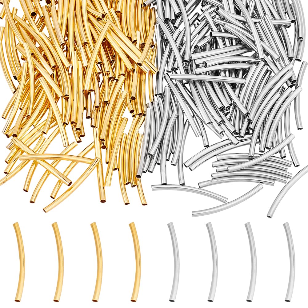 UNICRAFTALE 300Pcs 2 Colors Curved Tube Beads Metal Spacer Beads Curved Beads Brass Noodle Beads 25mm Long Tube Beads Golden Noodle Spacer Beads for DIY Jewelry Making Bracelets Necklaces Findings