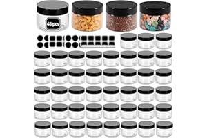 STARSIDE 48 Pack 120ml 4 oz Empty Clear Plastic Jars with Black Lids, Refillable Round Containers for Slime,Beauty Products, powder, Cream, Scrubs, Cookie,Dried Fruit. Include 1 Pen and 120 Labels.