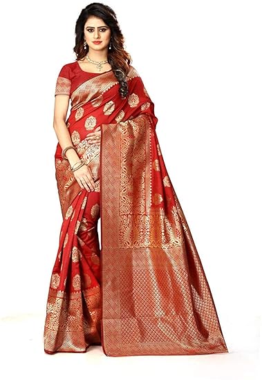 Shoppershopee Kanjivaram Banarasi Silk Saree Red (Set of 2)