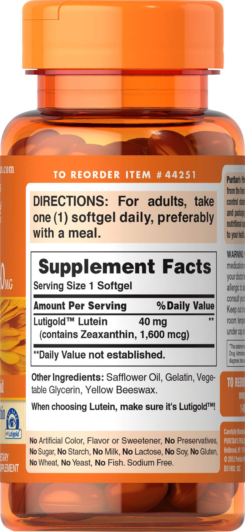 Puritan's Lutigold Lutein 40mg Zeaxanthin 1600 mcg 60 Softgels Free USA Shipping