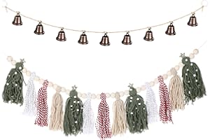 Tenceur Boho Pastel Christmas Tree Tassels Garland with Wood Beads and Vintage Christmas Bells Garland Banner for Xmas Tree Decoration Holiday Cottage Mantel Bedroom Nursery Hanging Wall Door