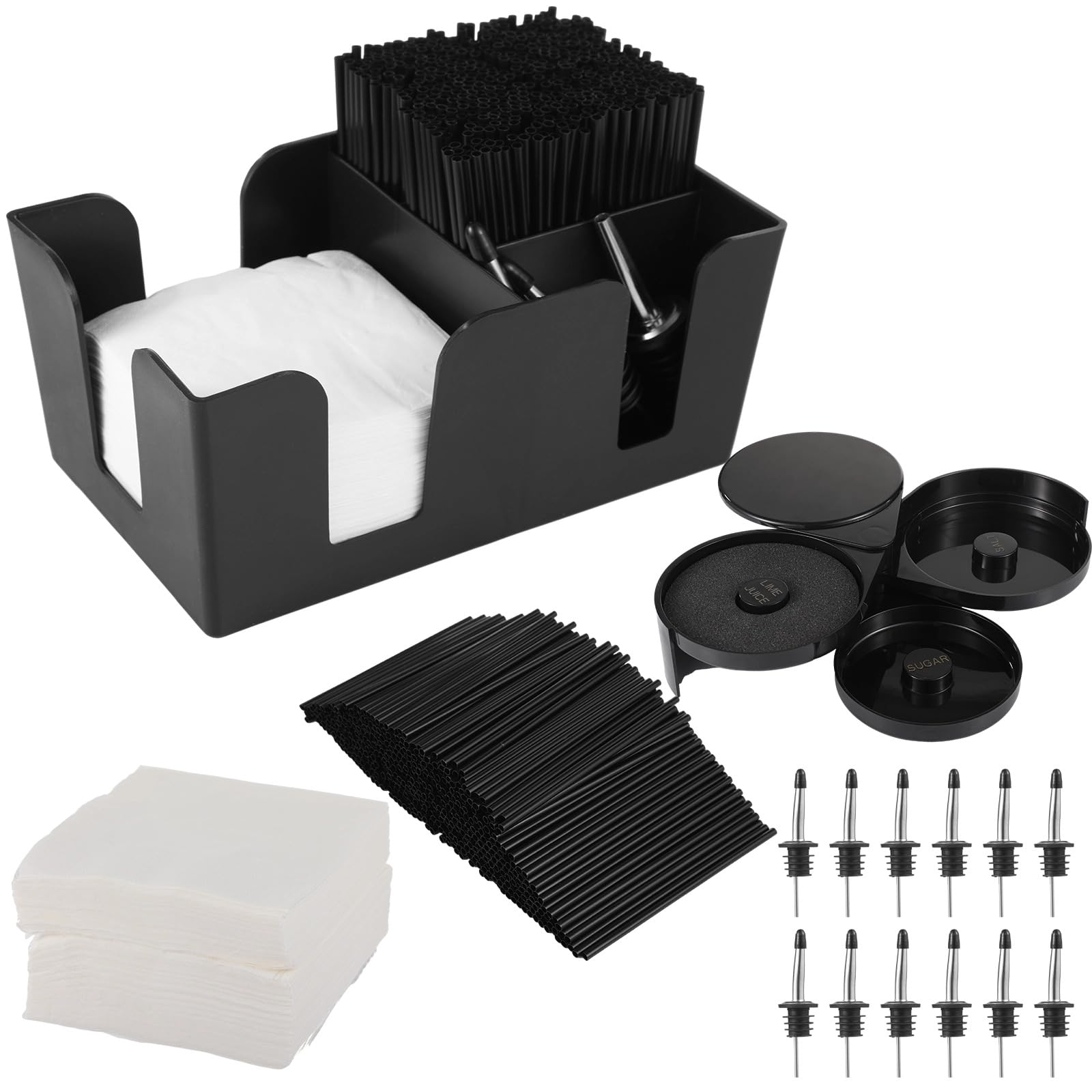 Photo 1 of Bar Caddy Napkin & Straw Holder with 3-Tier Bar Rimmers, Stainless Steel Classic Bottle Pourers, Tissue Box, Count Cocktail Stirrers, Straws