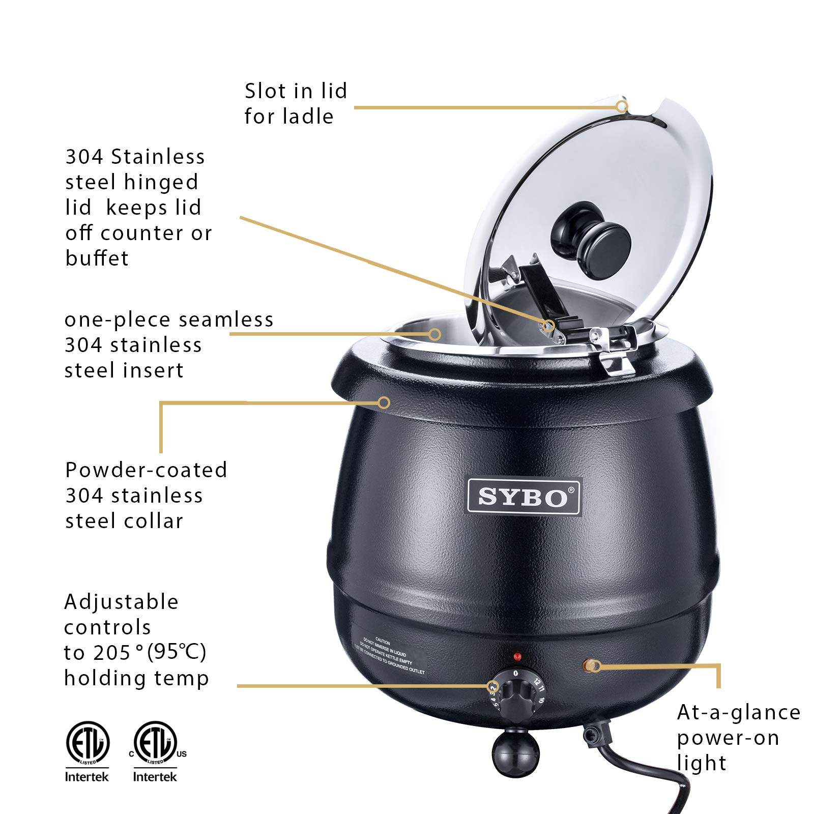 SYBO SB-6000 Commercial Grade Soup Kettle with Hinged Lid and Detachable Stainless Steel Insert Pot for Restaurant and Big Family, 10.5 Quarts, Black