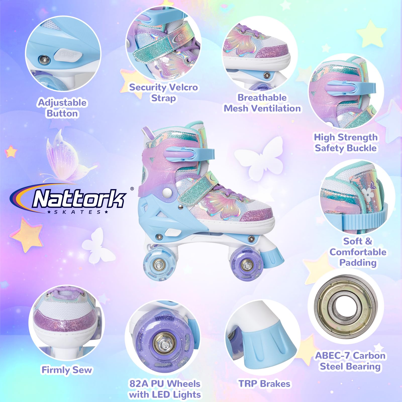 Nattork Kids Roller Skates for Girls Boys Kids, 4 Sizes Adjustable Quad Skates Butterfly and Flower with All Light up Wheels - Birthday Gift for Indoor Outdoor Sports
