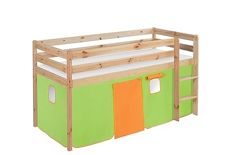 Lilokids Spielbett Jelle, Hochbett mit Vorhang Kinderbett, Holz, grün/orange, 208 x 98 x 113 cm
