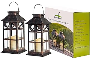 SteadyDoggie Solar Lantern Classic Bronze 2 Pack - Hanging Solar Lights with Flickering Candle LED - Retro Ornate Hanging Solar Lantern with Handle (Bronze, 2)