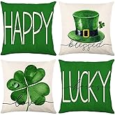 Hongsome St Patricks Day Decor-Throw Pillow Covers 18x18 in Set of 4,Shamrock Linen Pillow Case with Green Hat Irish for Large Couch Sofa Home Indoor Outdoor Holiday Decorations