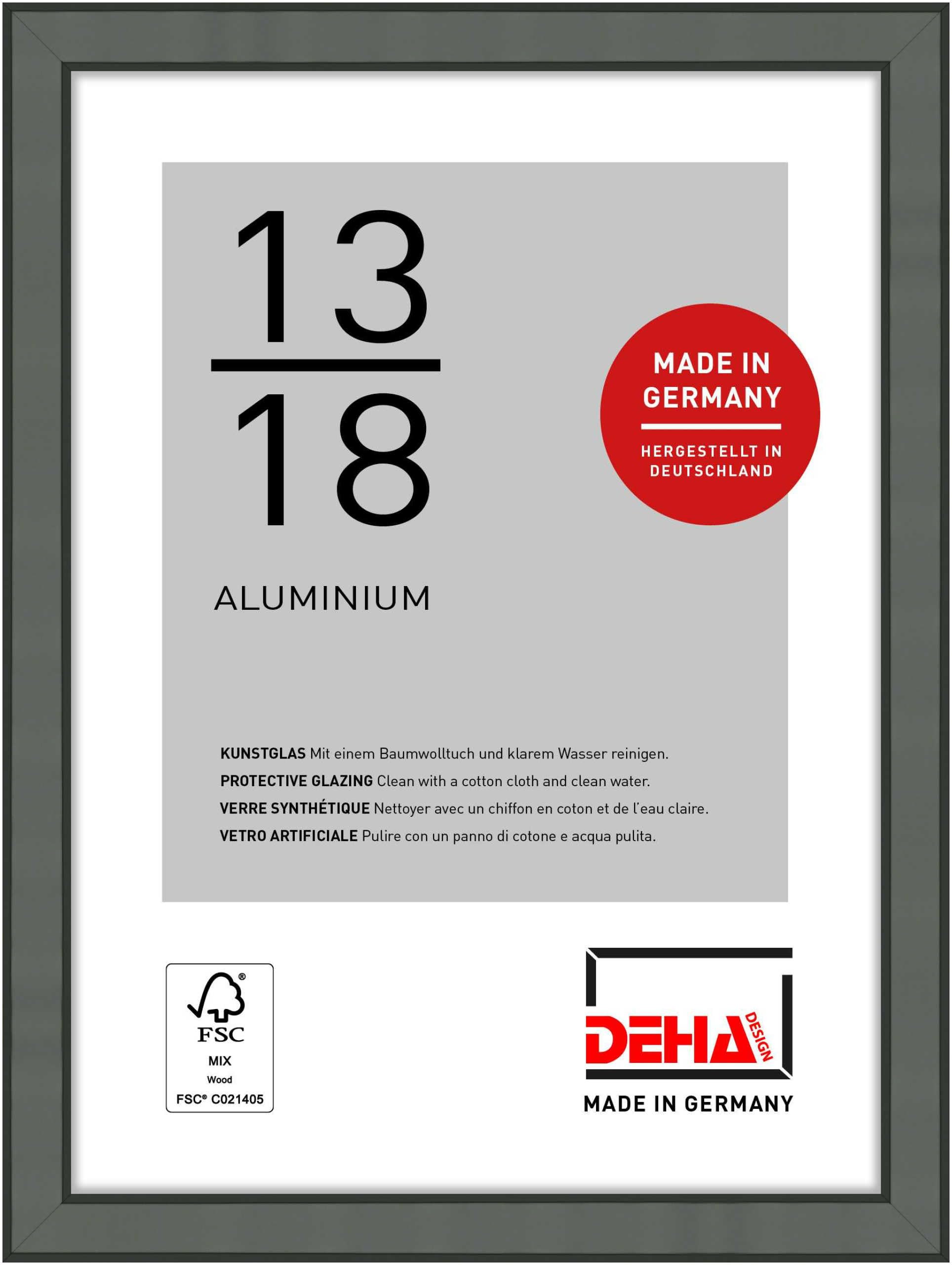 DEHA Design Boston Aluminium Picture Frame - 13x18 cm (5x7 in) – Grey - with Synthetic Glass and Push/Turn Clips