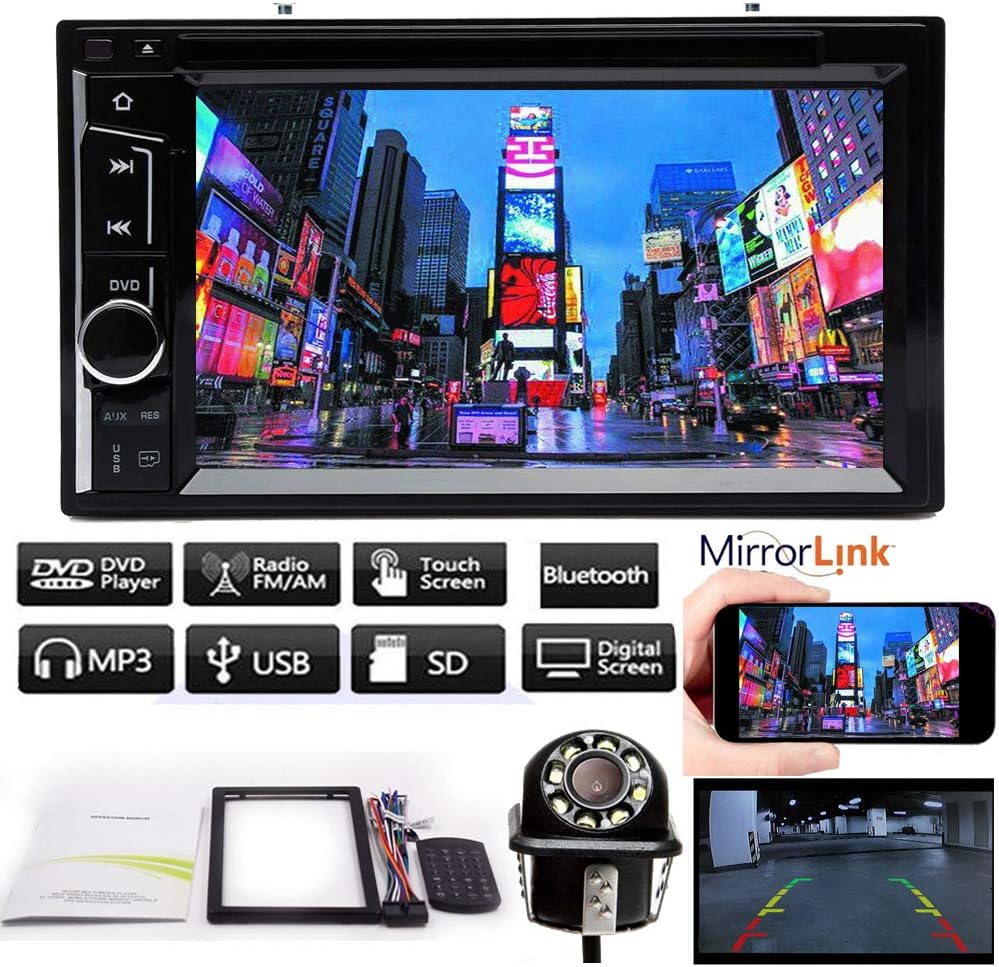 Audio Double Din, Touchscreen, Bluetooth, DVD/CD/MP3/USB/SD AM/FM Car Stereo, 6.2 Inch High Sensitive Touch Screen, Remote Control + Free Reversing Camera