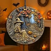 Halloween Stained Glass Window Ornament, Witch Scene with Pumpkins, Acrylic Hanging Suncatcher, Round Wall Art Decor, Witchy Ornament for Home Friends and Family (Oliu Girl)