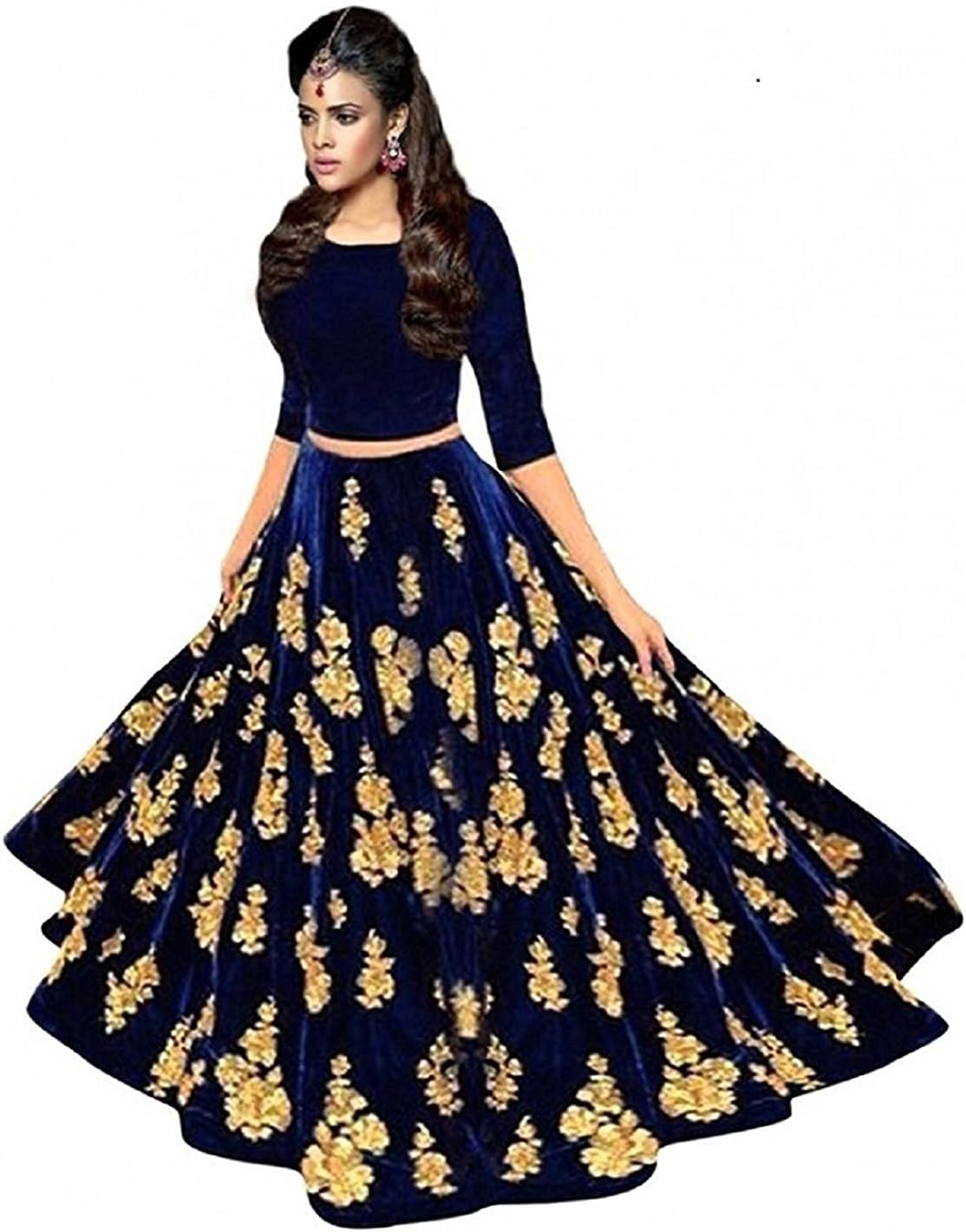 RADHA RAMAN FASHION Women's Velvet Lehenga Choli (Blue, Free Size)
