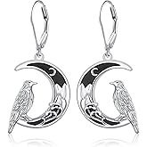 Raven Moon Earrings 925 Sterling Silver Gothic Crow Dangle Halloween Earrings for Women Viking Jewelry Gift