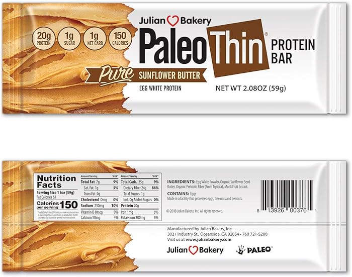 Julian Bakery Paleo Thin Protein Bar | Sunflower Butter | Egg White Protein | 20g Protein | 1 Net Carb | 12 Bars