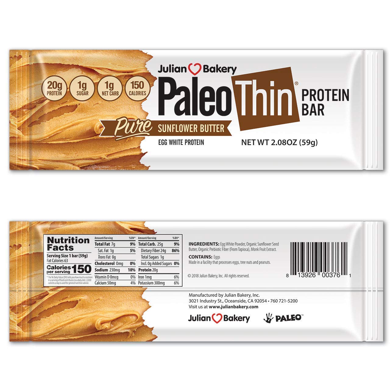 Julian Bakery Paleo Thin Protein Bar Sunflower Butter Egg White