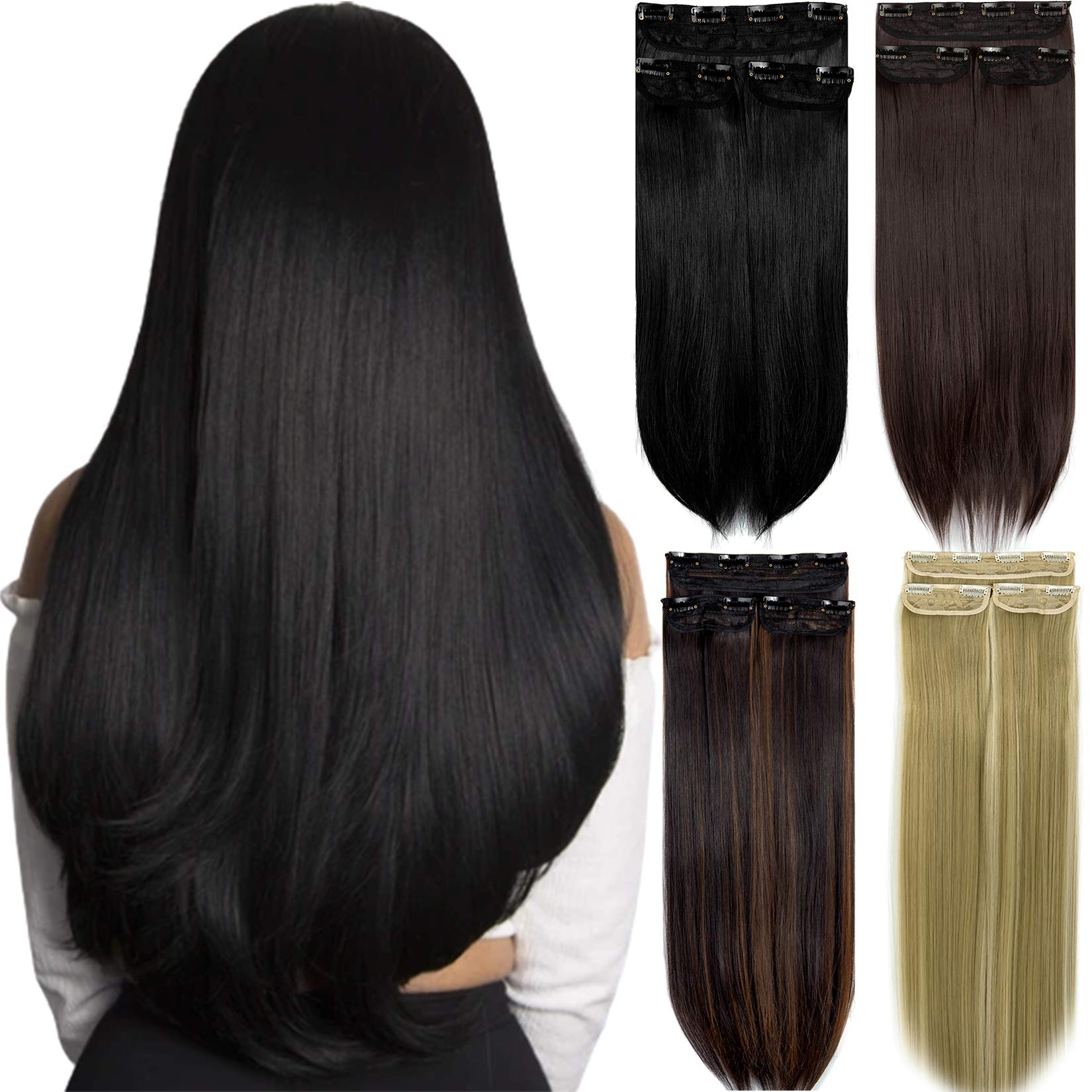Clip in Hair Extensions 3Pcs 8Clips Straight Thick Full Head Double Weft Clip on Synthetic Hair Extension Hairpieces for Women (24" Ginger Brown Mix Bleach Blonde)